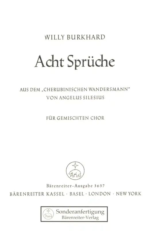 Acht Spruche Aus Dem Cherubinischen Wandersmann Des Angelus Silesius Op 17 2 1927 Von Willy Burkhard Im Stretta Noten Shop Kaufen