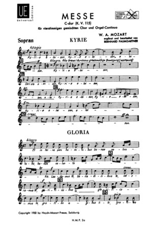 Wolfgang Amadeus Mozart: Missa Brevis C-Dur Kv 115 - Gch Org
