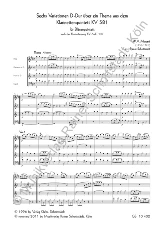 Wolfgang Amadeus Mozart: Sechs Variationen D-dur