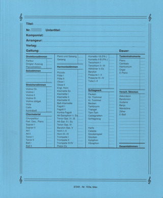 Notenumschlag Quartformat hoch mit Stirn– und Seitenklappen – blau