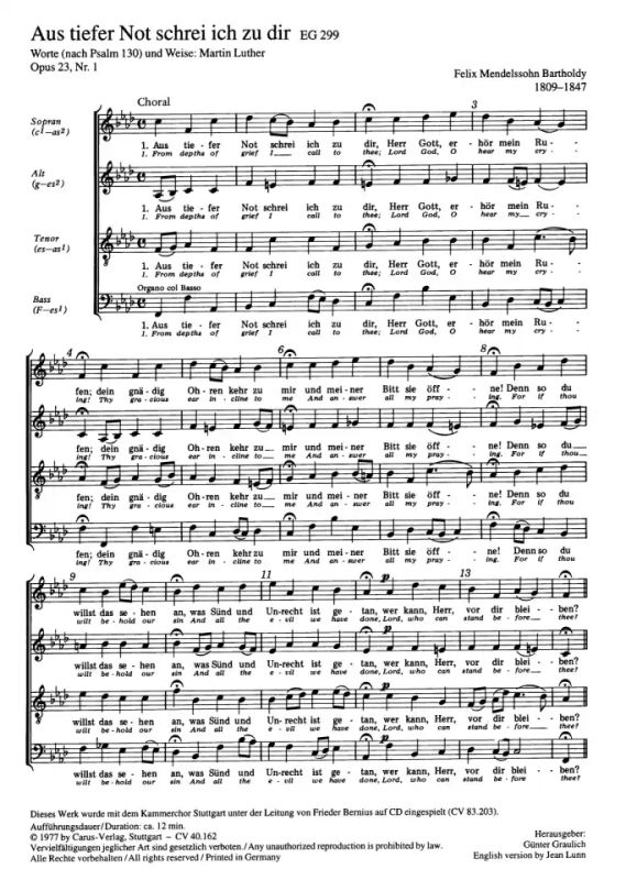 Felix Mendelssohn Bartholdy - Aus tiefer Not schrei ich zu dir f-Moll B 20 (1830)