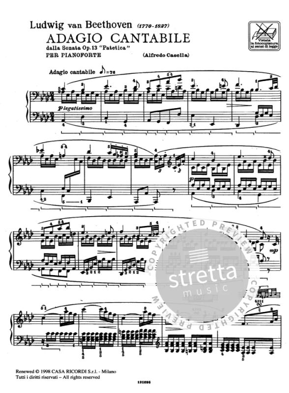 Ricordi Beethoven:Adagio Cantabile Dalla Sonata Patetica Per Pianoforte 