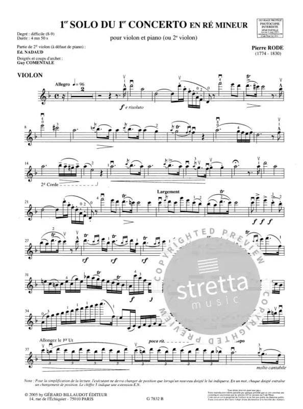 1Er Solo Du 1Er Concerto En Re Mineur de Pierre Rode | acheter dans la  boutique de partitions de Stretta