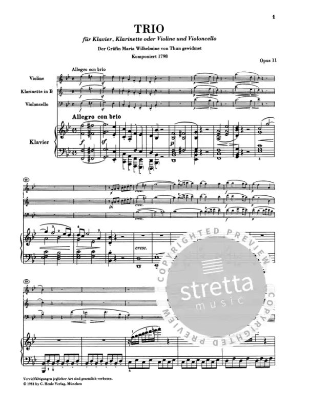 and Violoncello or Violin Clarinet Ludwig van Beethoven: Clarinet Trios B flat major op For Violino Gruppo da Camera con Pianoforte Violoncello 11 and E flat major op 38 for Piano