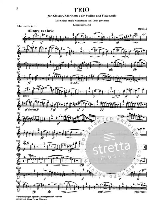 and Violoncello or Violin Clarinet Ludwig van Beethoven: Clarinet Trios B flat major op For Violino Gruppo da Camera con Pianoforte Violoncello 11 and E flat major op 38 for Piano
