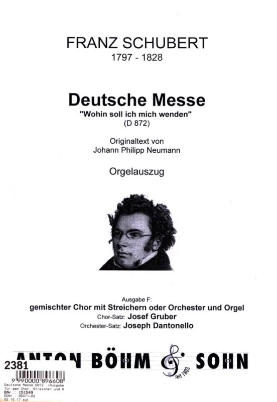 Franz Schubert - Deutsche Messe Ausgabe F Gch Orch (Str Quintett/Org)
