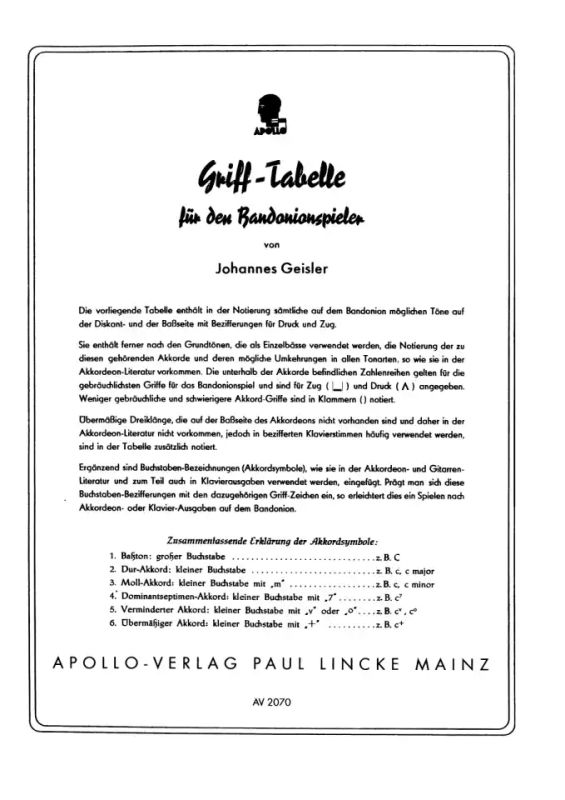 Geisler Johannes - Grifftabelle für Bandoneonspieler