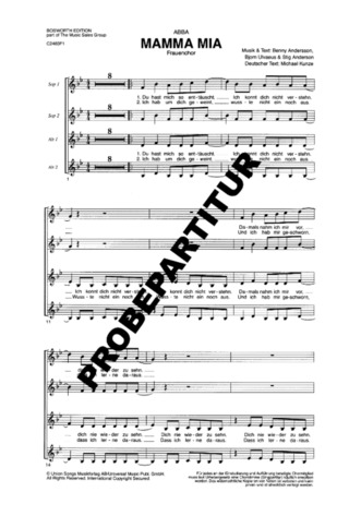 ABBA - Mamma Mia für Frauenchor und Klavier Chorpartitur (dt)