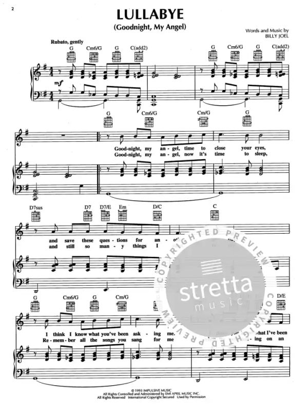 compromiso manejo Todo el tiempo Lullabye (Goodnight, my Angel) from Billy Joel | buy now in the Stretta sheet  music shop