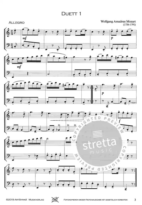Wolfgang Amadeus Mozart - 12 kleine Duette für Flöte und Cello (Fagott) KV 487 (1)
