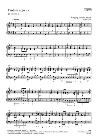 Wolfgang Amadeus Mozart: Tantum ergo in B B-Dur KV 142 (Anh. 186d) (1772 (?)