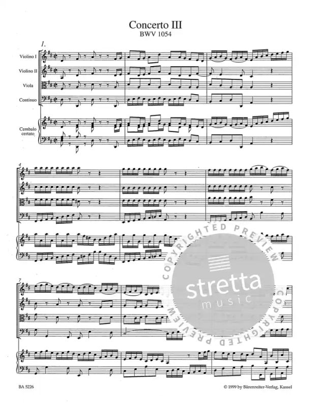 J.S.Bach Concerto D-dur Nr.3 für Cembalo & Streicher BWV 1054 Klavierauszug 