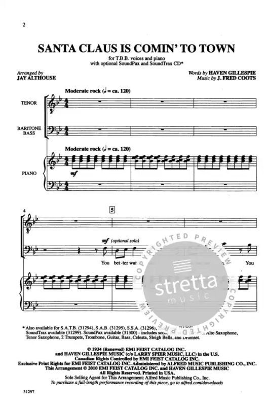 Santa Claus Is Comin To Town From Coots J Fred Buy Now In Stretta Sheet Music Shop