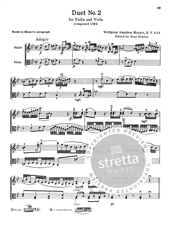 Viola Sheet Music W.A Mozart Two Duets For Violin And Viola K.423/424 Violin 