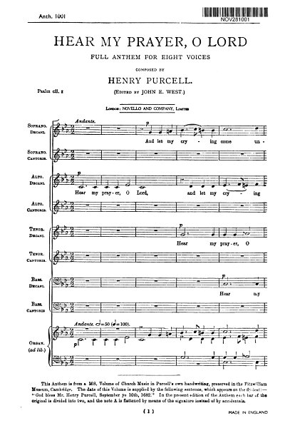 H. Purcell: Hear My Prayer, O Lord, GchOrg (Chpa)
