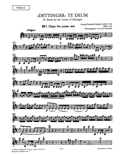 G.F. Händel: Dettinger Te Deum HWV 283, 3GesGchOrchB (Vl1)