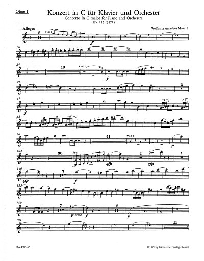 W.A. Mozart: Konzert Nr. 13 C-Dur KV 415 (3, KlavOrch (HARM)