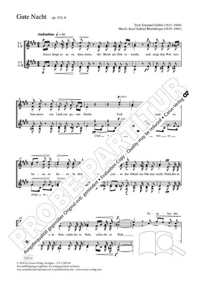 DL: J. Rheinberger: Gute Nacht E-Dur op. 131,6 (1881) (Part.