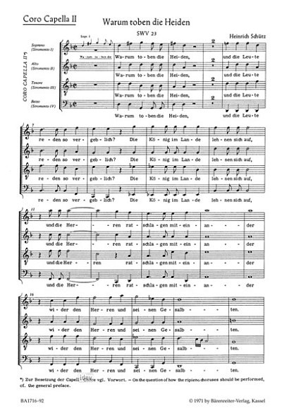 H. Schütz: "Warum toben die Heiden" für 2 Favoritchöre, 2 Capellchöre und Basso continuo SWV 23