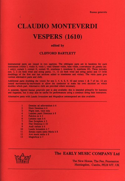 AQ: C. Monteverdi: Vespers, GchOrchBc (Bc) (B-Ware)