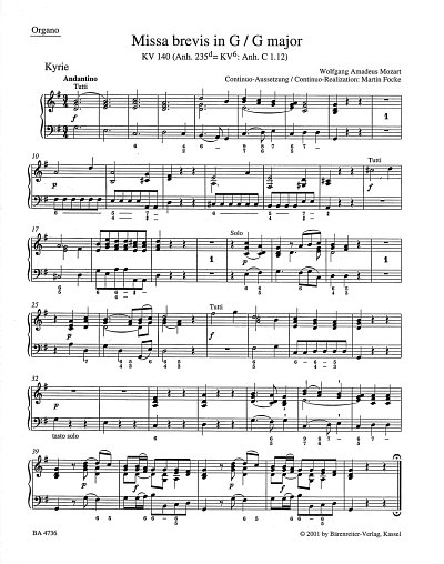 W.A. Mozart: Missa brevis G-Dur KV 140 (, 4GesGch2VlBc (ORG)