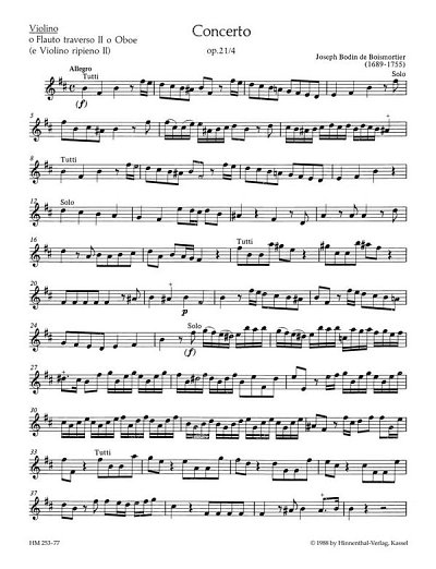 J.B. de Boismortier: Concerto für 2 Soloinstrumente (Flöte, Violine - Flöte, Oboe - 2 Flöten), 3 Violinen und Basso continuo h-Moll op. 21/4