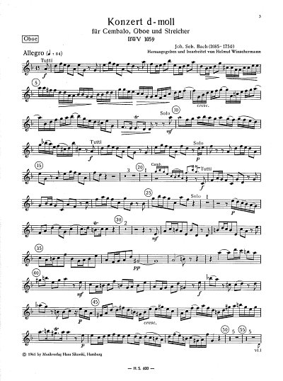 AQ: J.S. Bach: Konzert D-Moll Bwv 1059 - Ob Cemb St (B-Ware)