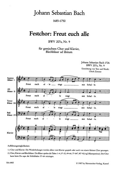 J.S. Bach: Freut euch alle BWV 207a/9, GchKlav;Blec (Part.)