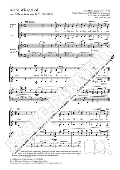 DL: M. Reger: Mariä Wiegenlied F-Dur op. 76,52 (1920) (Part.
