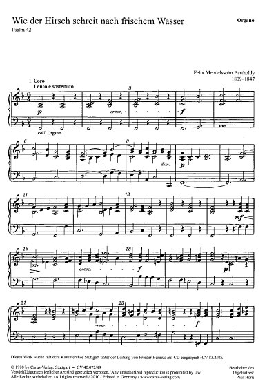 F. Mendelssohn Barth: Der 42. Psalm op. , 5GesGchOrchO (Org)