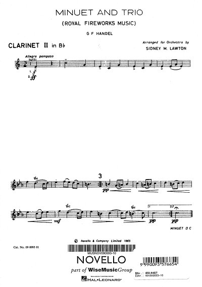 G.F. Händel: Minuet & Trio From Fireworks Music Lw5 Clt 2
