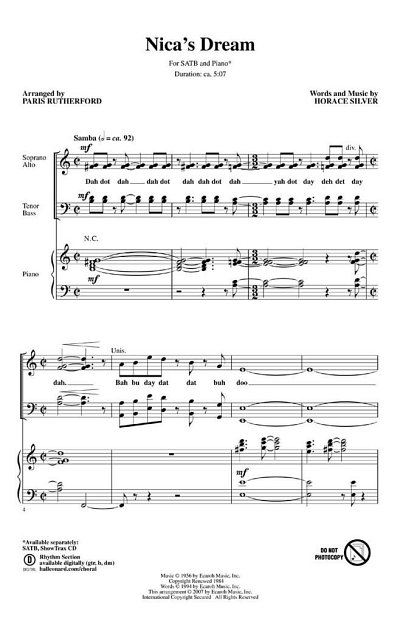H. Silver: Nica's Dream, gemischter Chor, Klavier
