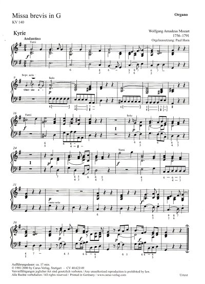 W.A. Mozart: Missa brevis in G KV 140 (2, 4GesGchOrchO (Org)