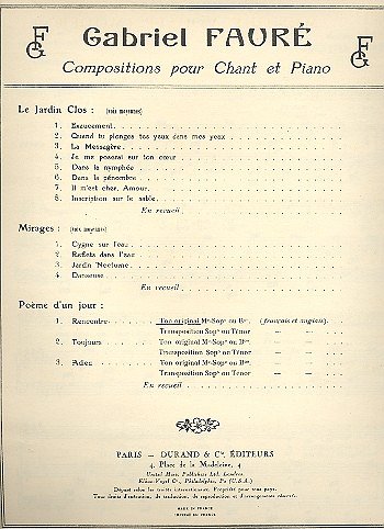 G. Fauré: Poeme D'Un Jour N 1 Mezzo-Piano (Fr-Angl , GesKlav
