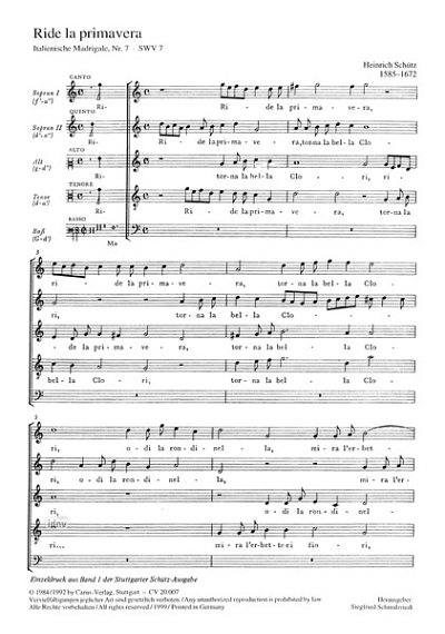 H. Schütz: Ride la primavera (Es lächelt das Frühjahr) mixolydisch SWV 7 (op. 1, 7) (1611)