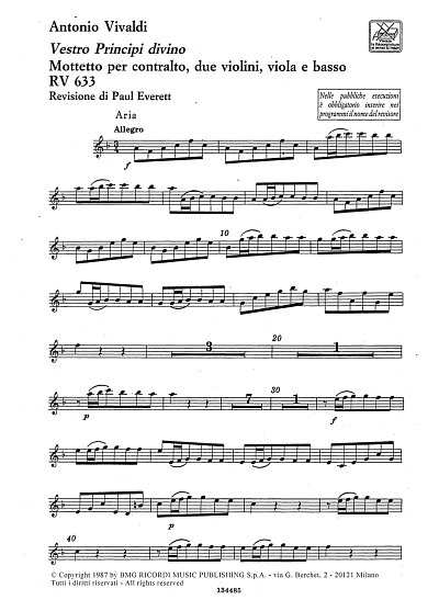 A. Vivaldi: Vestro Principi Divino. Mottetto Per C. , 2 VL., VL