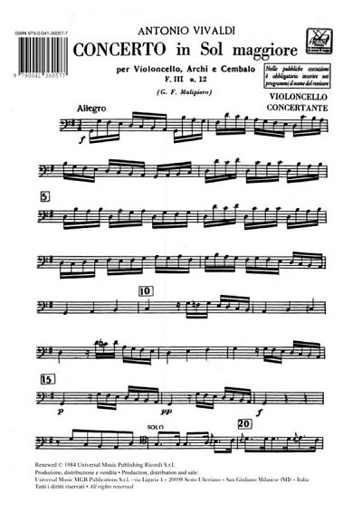 A. Vivaldi: Concerto Per Vc., Archi E B.C.: , Sinfo (Stsatz)