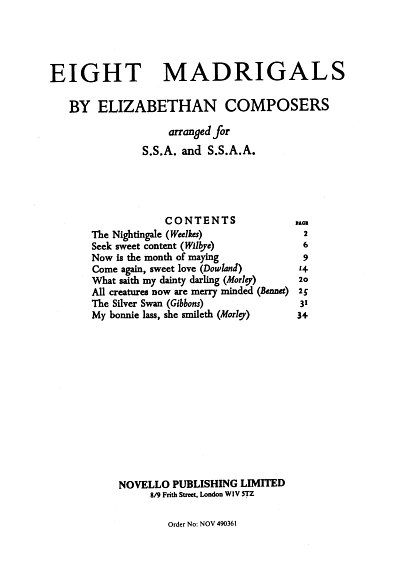 Eight Madrigals By Elizabethan Composers, FchKlav (Bu)