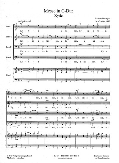 L. Menager: Messe C-Dur für Männerchor und Orgel