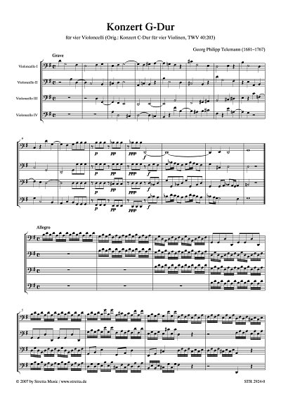 DL: G.P. Telemann: Konzert G-Dur fuer vier Violoncelli / nac