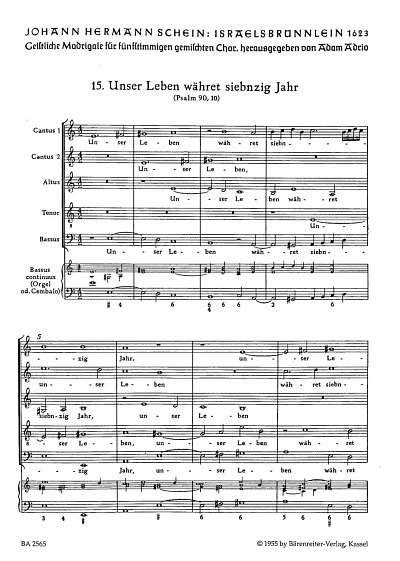 J.H. Schein: Unser Leben währet siebnzig Jahre für fünfstimmigen gemischten Chor Nr. 15
