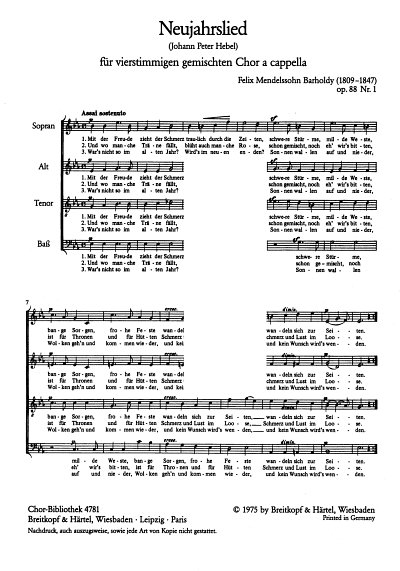 F. Mendelssohn Bartholdy: Neujahrslied (6 Lieder 1 Op 88)