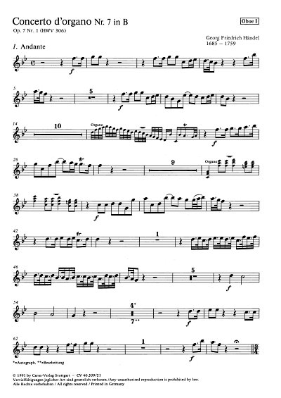 G.F. Haendel: Concerto d'organo Nr. 7 in B (Orgelkonzert Nr. 7) HWV 306 op. 7, 1