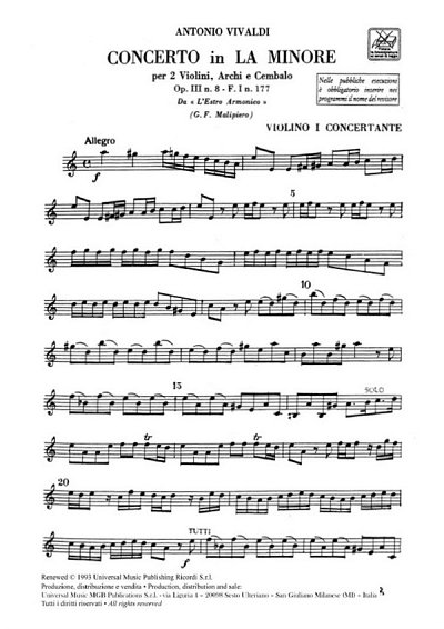 A. Vivaldi: Concerto Per Vl. Archi E B.C.: Op.Iii N 8 Rv 522,