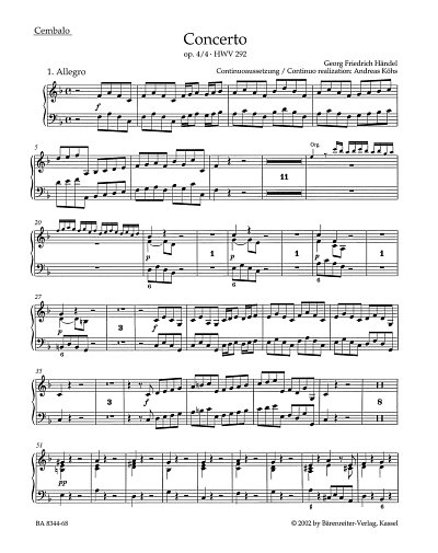 G.F. Händel: Konzert F-Dur op. 4/4 HWV 292, OrgmOrch (Cemb)