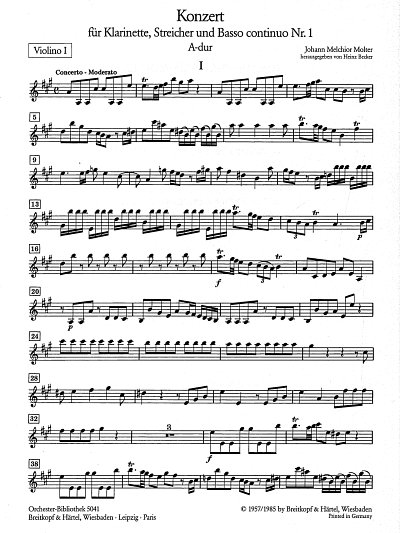 J.M. Molter: Klarinettenkonzert Nr. 1 A-dur, KlarOrch (Vl1)
