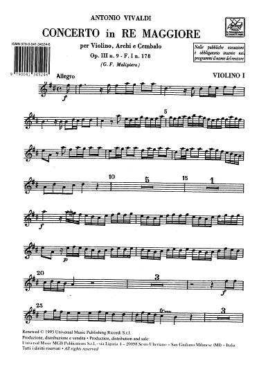 A. Vivaldi: Concerto D Major Op3/9 RV230, Sinfo (Stsatz)