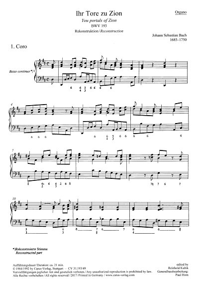 J.S. Bach: Ihr Tore zu Zion BWV 193, 2GesGchOrchB (Org)