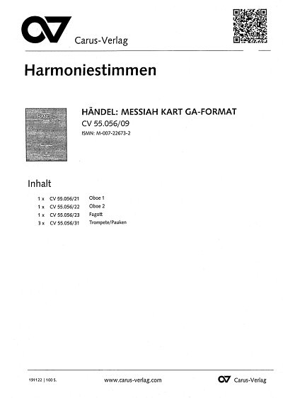 G.F. Händel: Messiah (Messias) HWV 56, 4GesGchOrcBc (HARM)