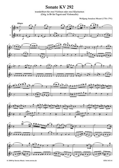 DL: W.A. Mozart: Sonate KV 292 transkribiert fuer zwei Violi